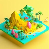 Summer island in isometric view in trending color palette for advertising with photo