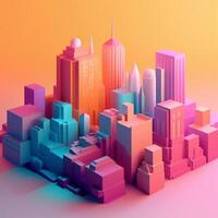 City with sunset in isometric view in trending color palette for advertising with photo