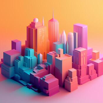 City with sunset in isometric view in trending color palette for advertising with photo