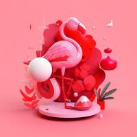 Flamingo with geometric objects in summer concept in trending color palette for advertising with photo
