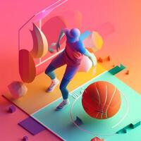 basketball player and ball in trending color palette for advertising with photo