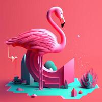 Flamingo with geometric objects in summer concept in trending color palette for advertising with photo