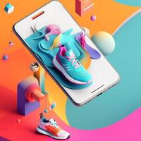 sports shoes and smartphone in trending color palette for advertising with photo