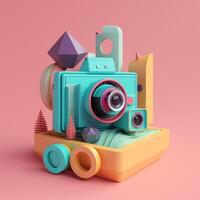 Camera and geometric objects in trending color palette for advertising with photo