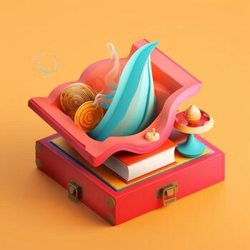 books and imagination in trending color palette for advertising with photo