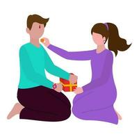 Faceless Young Girl Feeding Ladoo To Her Brother With Gift Box On White Background. vector