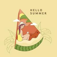 Hello Summer Lettering With Swimmer Girl Enjoying Drink Over Watermelon Slice And Line Art Leaves On Brown Background. vector