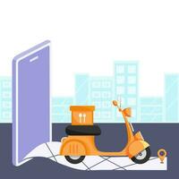 Food Delivery Scooter Tracking Location Through Smartphone With Buildings On White And Blue Background. vector