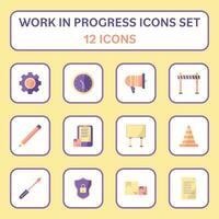 Flat Style Work In Progress 12 Icon Set On Yellow And white Square Background. vector