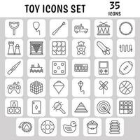 Black Linear Style 35 Toys Icon Set On White Square Background. vector