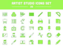 Flat Style Artist Studio Green And white Icon Set. vector