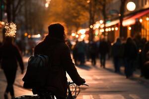 Photo of a person riding a bike in the city crowd under the lights at night in the city, and among the crowds of people. .