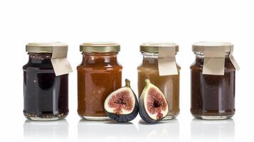 Fig jam with dried figs Jars on white background with photo