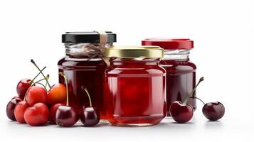 Cherry jam with juicy cherries Jars on white background with photo