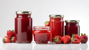 Strawberry jam with strawberry fruit on white background with photo