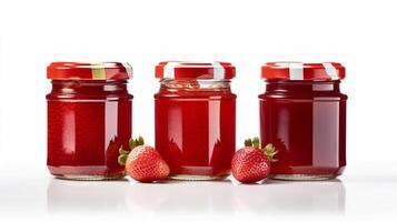 Strawberry jam with strawberry fruit on white background with photo