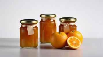 Orange Marmalade jam with oranges Jars on white background with photo