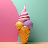 Ice cream cone with geometric objects in summer concept in trending color palette for advertising with photo