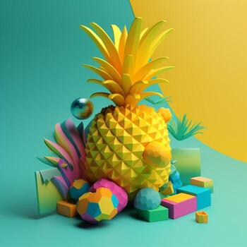 Pineapple with geometric objects in summer concept in trending color palette for advertising with photo