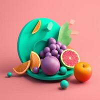 Various fruits with geometric objects in summer concept in trending color palette for advertising with photo