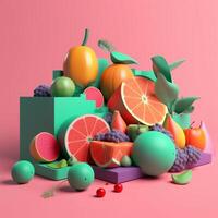 Various fruits with geometric objects in summer concept in trending color palette for advertising with photo