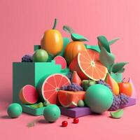Various fruits with geometric objects in summer concept in trending color palette for advertising with photo