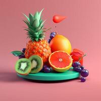 Various fruits with geometric objects in summer concept in trending color palette for advertising with photo