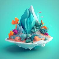 An island in the sea in an isometric view in trending color palette for advertising with photo