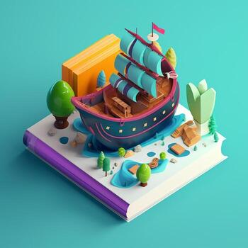 books and imagination in trending color palette for advertising with photo