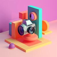 Camera and geometric objects in trending color palette for advertising with photo