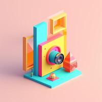 Camera and geometric objects in trending color palette for advertising with photo