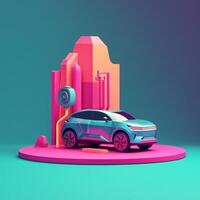 Electric vehicles and charging stations in trending color palette for advertising with photo