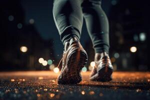 Photo of an athlete jogging in front of bokeh lights at night in the city.