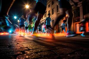 Photo of an athletes jogging in front of bokeh lights at night in the city.