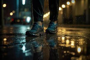 foto de un atleta trotar en frente de bokeh luces a noche en el ciudad. generativo ai