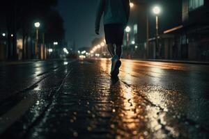 foto de un atleta trotar en frente de bokeh luces a noche en el ciudad. generativo ai