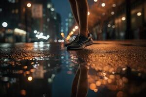 Photo of an athlete jogging in front of bokeh lights at night in the city.