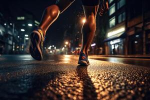 Photo of an athlete jogging in front of bokeh lights at night in the city.