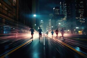 Photo of an athletes jogging in front of bokeh lights at night in the city.