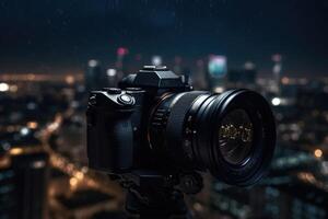 Dslr camera in the front with bokeh effect of the cityscape in the background. photo