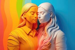 lesbiana Pareja abrazando cada otro, ilustración en papel Arte estilo para orgullo mes. generativo ai foto