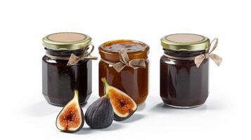 Fig jam with dried figs Jars on white background with photo