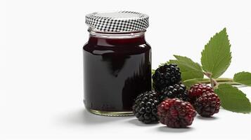 Blackberry jam and ripe blackberries fruit Jars on white background with photo