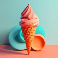 Ice cream cone with geometric objects in summer concept in trending color palette for advertising with photo