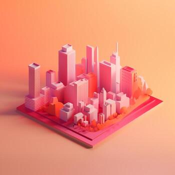 City with sunset in isometric view in trending color palette for advertising with photo
