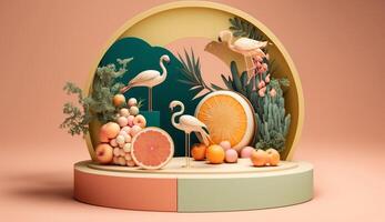 low podium sand with backdrop made of Oranges and Flamingos background Mockup for product placement with photo