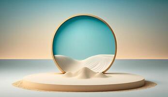 low podium sand with backdrop made of Oranges and Flamingos background Mockup for product placement with photo