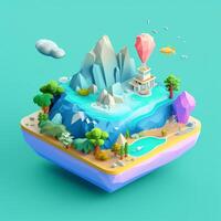 An island in the sea in an isometric view in trending color palette for advertising with photo