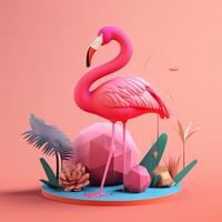Flamingo with geometric objects in summer concept in trending color palette for advertising with photo