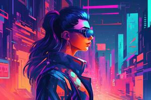 Abstract and retro futuristic robot woman illustration with multiple color laser neon effect. photo